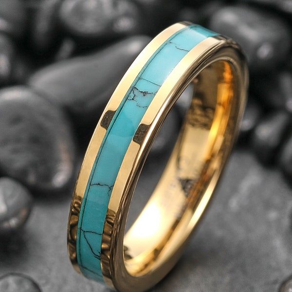 Turquoise Gold Tungsten Ring, Turquoise Inlay Ring, Unique Tungsten Ring, Men Women Wedding Band, Anniversary Ring,Yellow Gold Tungsten Ring