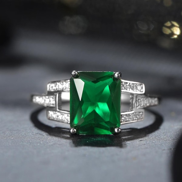 Emerald Ring, 925 Sterling Silver, 2.5ct Emerald Silver Engagement Ring, May Birthstone Ring, Bridal Ring, Stacking Ring, Gift For Her