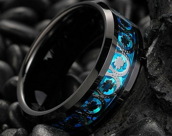 Horseshoe & Clover Ring, Lucky Clover Tungsten Wedding Band, Black Tungsten Carbide Ring, Horseshoe Inlay Ring, Women Wedding Ring