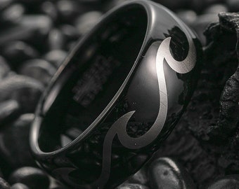 8mm Black Tungsten Wedding Band, Wave Pattern Tungsten Carbide Ring, Ocean Wave Ring, Anniversary Men & Women Ring, Black Wedding Band