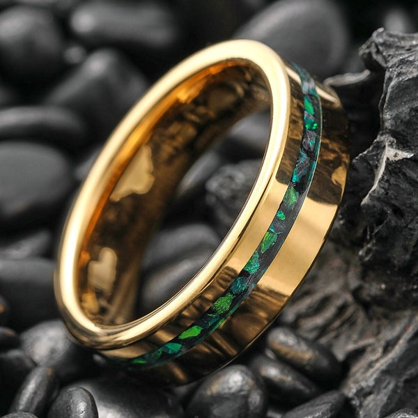 6mm gouden wolfraam trouwringen, groene opaal inlay ring, Unisex trouwring, opaal ring, heren ring, geel gouden ring, verlovingsring