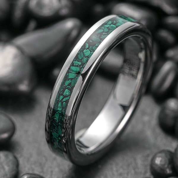 Green Malachite  Tungsten Ring, Gemstone Ring, Silver Wedding Ring, Mens Promise Band, Engagement Ring, 4mm Tungsten Band, Anniversary Gift