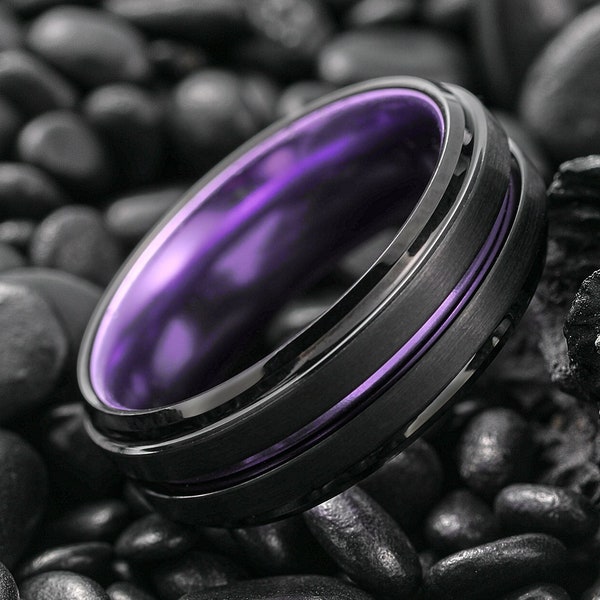 Purple Tungsten Wedding Ring, Men's Black Wedding Band, Two Tone Ring, Mens Ring, Anniversary Ring, Unique Engagement Ring, 8mm Wedding Ring