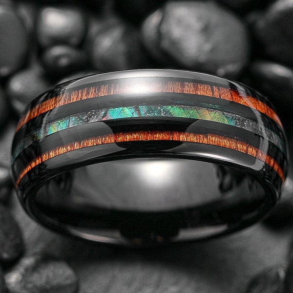 Koa Wood Ring, Abalone Shell Inlay Tungsten Ring, Koa Wood Ring voor mannen en vrouwen, 8mm Koa Wood Band, Heren trouwring, Valentijnsdag Cadeau