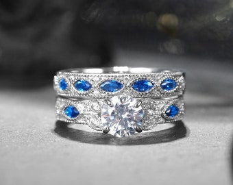 Anello da 3,5 ct con zirconi cubici a taglio rotondo, anello in argento sterling 925, set di anelli da sposa da donna con zaffiro blu, set di fedi nuziali, anello di fidanzamento