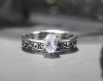 Vintage 925 Sterling Silber Ehering Set, 1.0ct Oval Cut Zirkonia Vine Verlobungsringe für Frauen, CZ Ehering, Matching Band