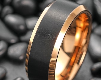 Rose Gold Mens Wedding Ring, Black Brushed Tungsten Carbide Band, Rose gold Stepped Edge, 8mm Tungsten Wedding Band, Anniversary Gift