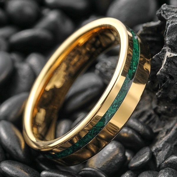 Gouden malachiet ring, malachiet trouwring, malachiet wolfraamcarbide ring, groene stenen ring voor mannen, verjaardagscadeau, belofte ring