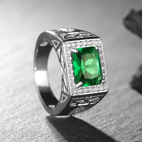 Men's Emerald Ring, 925 Sterling Silver Men's Wedding  Engagement Ring, CZ Ring, Men's Jewelry, Handmade Ring, Anniversary Ring,Gift for Him