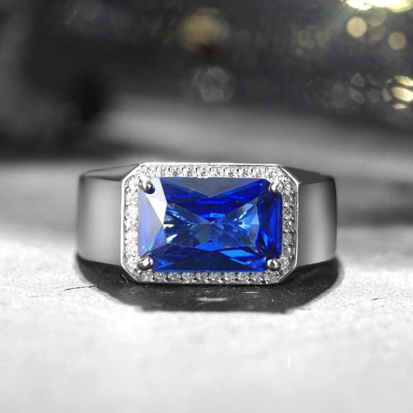 Emerald Cut Blue Sapphire Ring, 925 Sterling Silver Ring, Men's Halo Ring, Men's Wedding Ring, CZ Wedding Band, Anniversary Gift