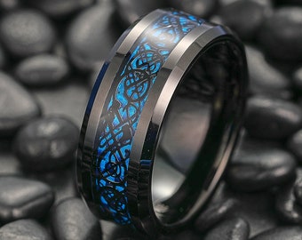 Black Tungsten Ring, Celtic Wedding Band, Viking Ring, Mens Wedding Band, Blue Carbon Fiber Dragon Ring, Promise Ring, Anniversary Gift
