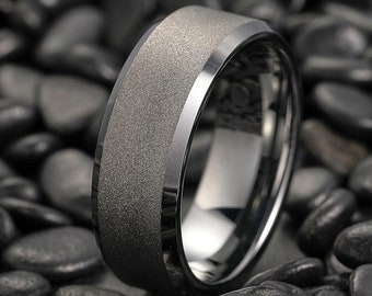 Silver Sandblasted Tungsten Ring, 8mm Men Wedding Band, Unique Sparkling Band, Silver Tungsten Ring, Custom Engraved Ring, Promise Ring