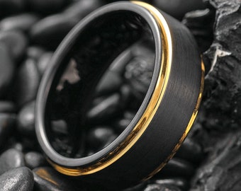 Black & Gold Wedding Ring, Yellow Gold Wedding Band, Men’s Engagement Ring, Mens Wedding Ring, Black Brushed Wedding Ring, Two Tone Ring