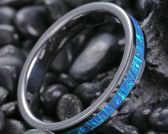 4mm Blue Opal Tungsten Ring,  Opal Wedding Band, Unique Promise Ring,  Mens Womens Anniversary Ring, Personalized Ring, Engagement Band