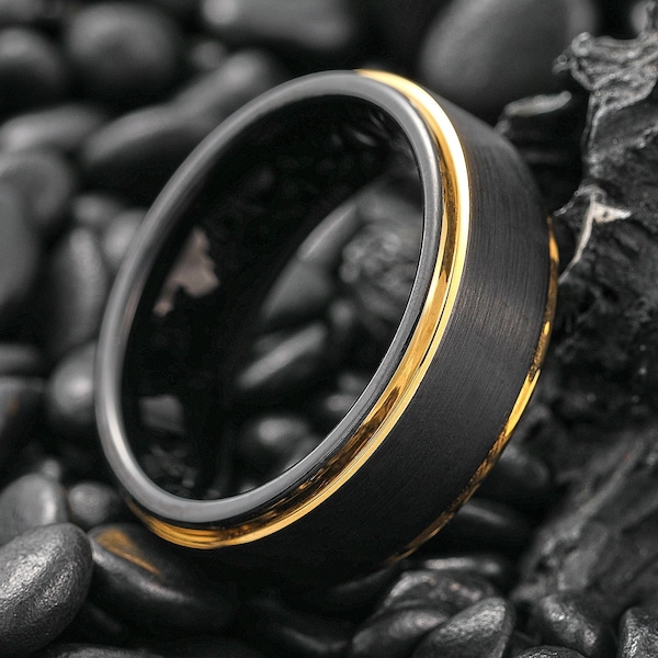 Black & Gold Wedding Ring, Yellow Gold Wedding Band, Men’s Engagement Ring, Mens Wedding Ring, Black Brushed Wedding Ring, Two Tone Ring