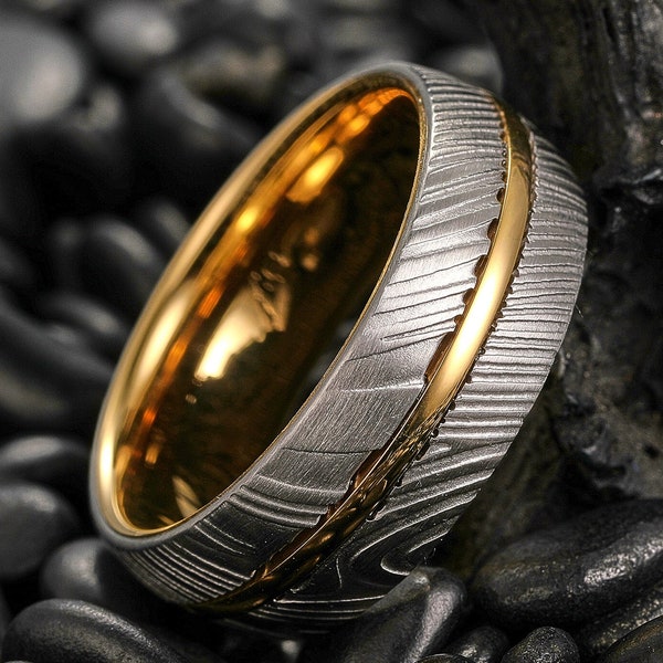 Gold Damascus Steel Ring, Men Wedding Ring, Handmade Damascus Ring, Unique Engagement Ring, Two Tone Ring, Anniversary Present for Him