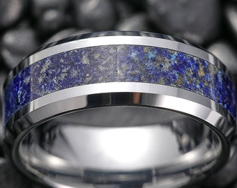Bague en tungstène Lapis Lazuli, bague d’anniversaire avec incrustation de pierres précieuses bleues, alliance en tungstène argenté, bague de promesse pour hommes et femmes, bague unique