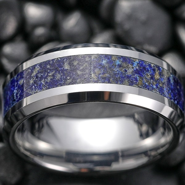 Lapis Lazuli Tungsten Ring, Blue Gemstone Inlay Anniversary Ring,  Silver Tungsten Wedding Band, Men Women Promise Ring, Unique Ring