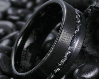 Black Meteorite Tungsten Ring, Brushed Black Wedding Band, Men's Wedding Ring, 8mm Meteorite Ring, Black Meteor ring, Anniversary Gift