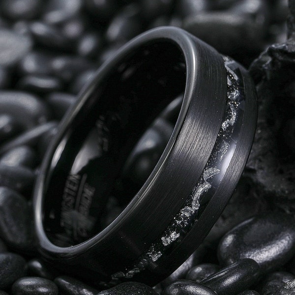 Black Meteorite Tungsten Ring, Brushed Black Wedding Band, Men's Wedding Ring, 8mm Meteorite Ring, Black Meteor ring, Anniversary Gift