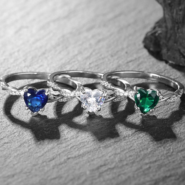 Heart Cut 925 Sterling Silver Ring, Sapphire and Emerald Ring, Vintage Carving Wedding Band, CZ Stacking Band, Half Eternity Stacking Ring