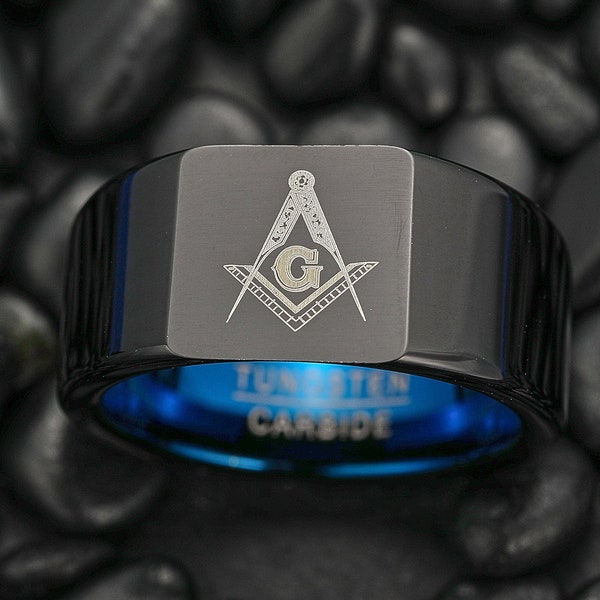 Black Blue Masonic Tungsten Ring, Masonic Wedding Ring, Freemason Symbol Ring, Mens Ring, Unique Tungsten Band, Anniversary Gift