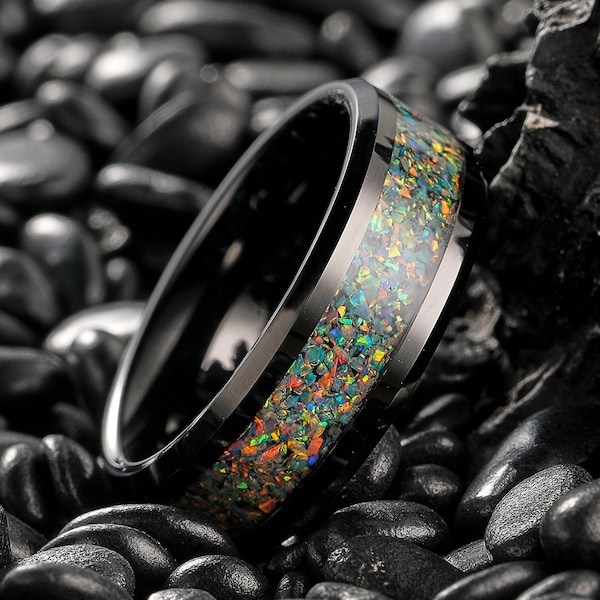 Opal Tungsten Ring, Black Tungsten Wedding Ring, Opal Ring, Black Wedding  Band, Mens Wedding Band, Unique Ring, Promise Gift