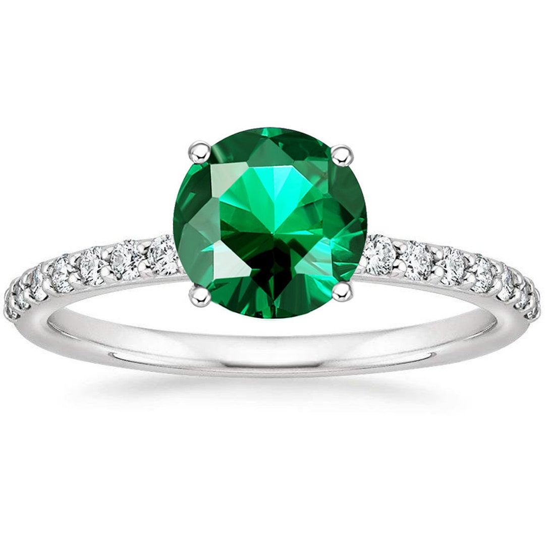 Round Emerald Ring, Sterling Silver Ring, Round Created Emerald Ring
