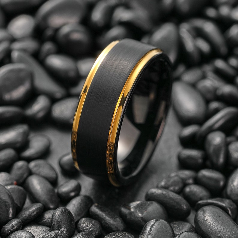 Black & Gold Wedding Ring, Yellow Gold Wedding Band, Mens Engagement Ring, Mens Wedding Ring, Black Brushed Wedding Ring, Two Tone Ring image 2