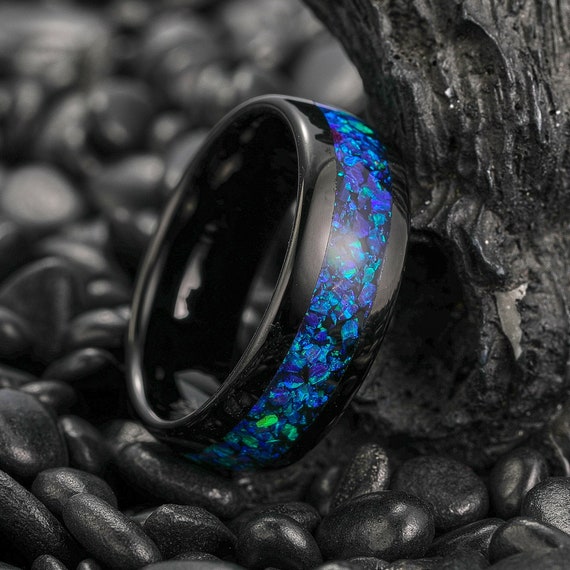 Bague opale bleue alliance pour homme alliance en tungstene noir 8 mm bague de promesse unique bague pour homme alliances opale cadeau d anniversaire Etsy France
