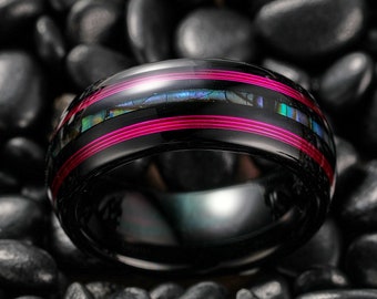 Purple Guitar String Ring with Abalone Shell, Rock and Roll Ring, Abalone Shell Tungsten Wedding Ring, Musician ring, Anniversary Gift