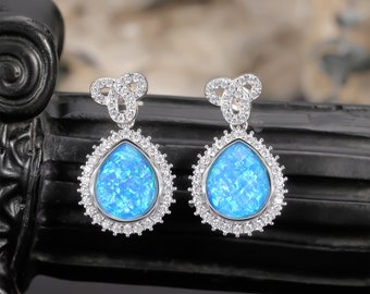 Delicate Sterling Silver Opal Cubic Zirconia Earrings,Aeathetic Blue Strop Earrings,Celtic Knot Ear Accessory,Ear Decor,Earring Jewelry,Gif