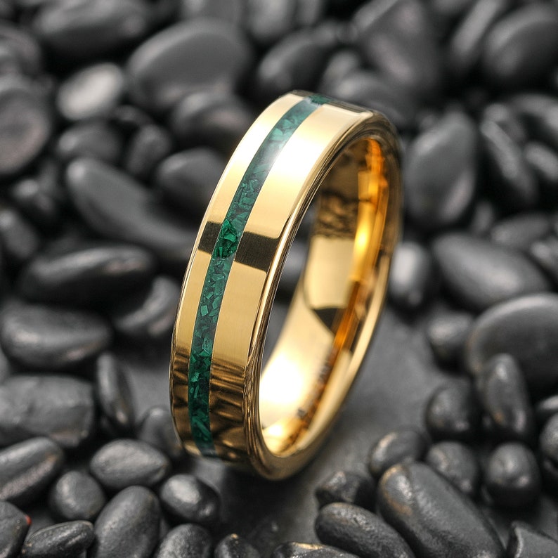 Gold Malachite Ring, Malachite Wedding Band, Malachite Tungsten Carbide Ring, Green Stone Ring for Men, Anniversary Gift, Promise Ring zdjęcie 3