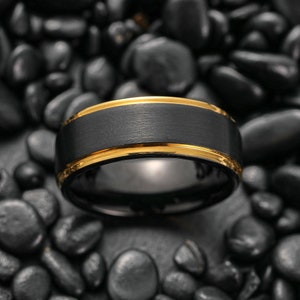 Black & Gold Wedding Ring, Yellow Gold Wedding Band, Mens Engagement Ring, Mens Wedding Ring, Black Brushed Wedding Ring, Two Tone Ring image 3