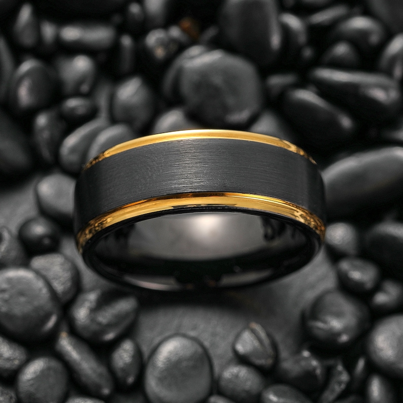 Black & Gold Wedding Ring, Yellow Gold Wedding Band, Mens Engagement Ring, Mens Wedding Ring, Black Brushed Wedding Ring, Two Tone Ring image 3