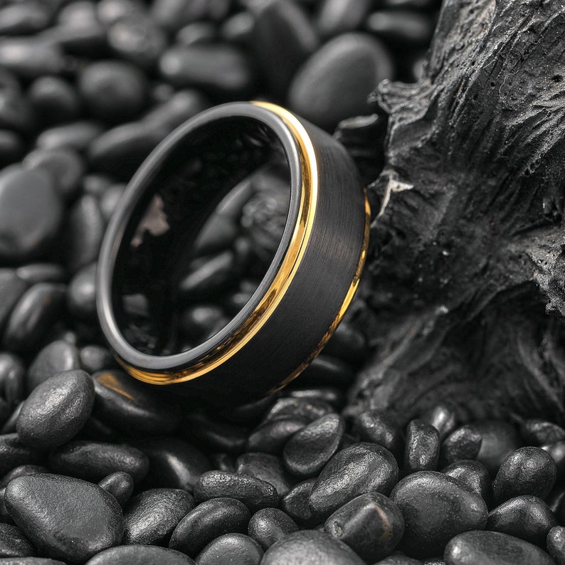 Black & Gold Wedding Ring, Yellow Gold Wedding Band, Mens Engagement Ring, Mens Wedding Ring, Black Brushed Wedding Ring, Two Tone Ring image 1