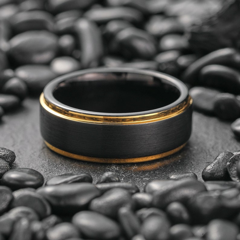 Black & Gold Wedding Ring, Yellow Gold Wedding Band, Mens Engagement Ring, Mens Wedding Ring, Black Brushed Wedding Ring, Two Tone Ring image 4