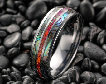 Red Opal Ring, Fire Opal Inlay Wedding Band, Unique Abalone Shell Ring, Men's Tungsten Wedding Band, Men's Engagement Ring, 8mm Ring