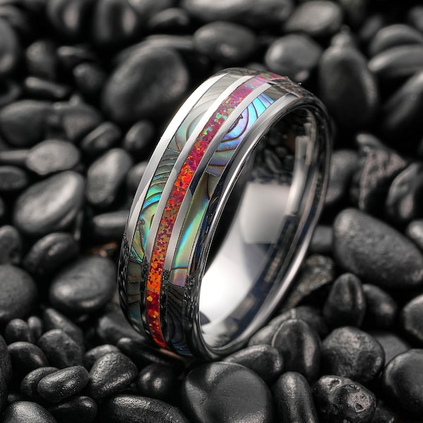 Red Opal Ring, Fire Opal Inlay Wedding Band, Unique Abalone Shell Ring, Men's Tungsten Wedding Band, Men's Engagement Ring, 8mm Ring