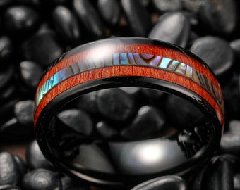 Bague tungstène bois de koa, bague homme incrustation de coquillages d'ormeau, alliance pour homme, alliance bois de koa, alliance en bois de 8 mm, bague de promesse