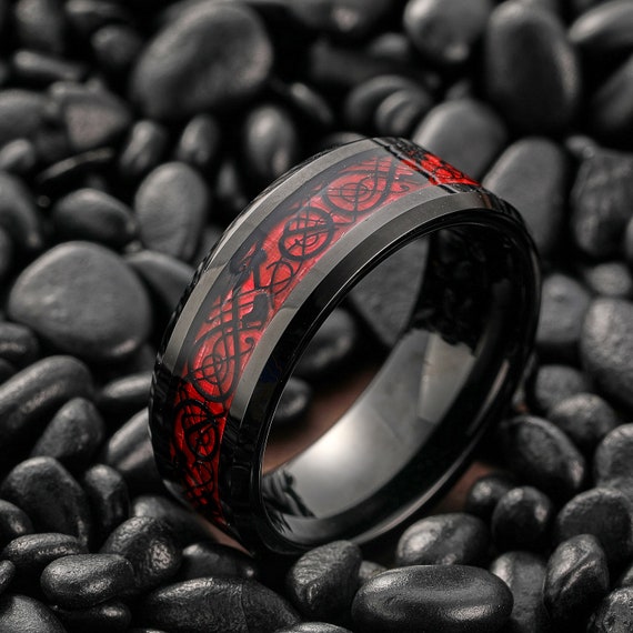 Alliance en tungstene noir incrustation de fibre de carbone rouge bague dragon celtique pour homme bague celtique bague en tungstene 8 mm bague d anniversaire Etsy France