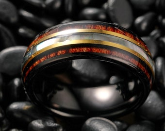 Koa Wood Tungsten Ring, Abalone Shell Ring, Black Tungsten Mens Wedding Band, Unique Wedding Ring, 8mm Men's Women's Ring, Nature Ring