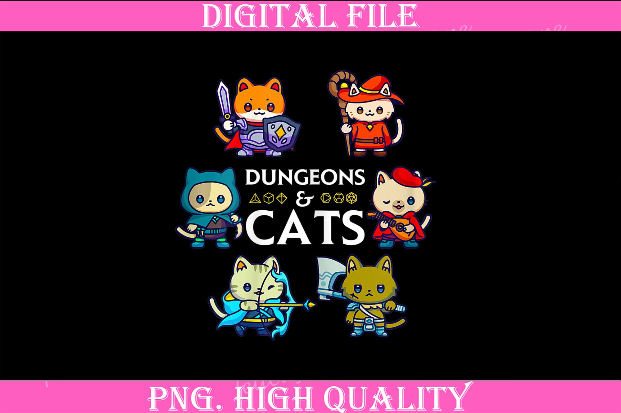 Dungeons and Cats RPG D20 Dice Nerdy Fantasy Gamer Cat Gift Digital PNG, Dungeons and Cats Png