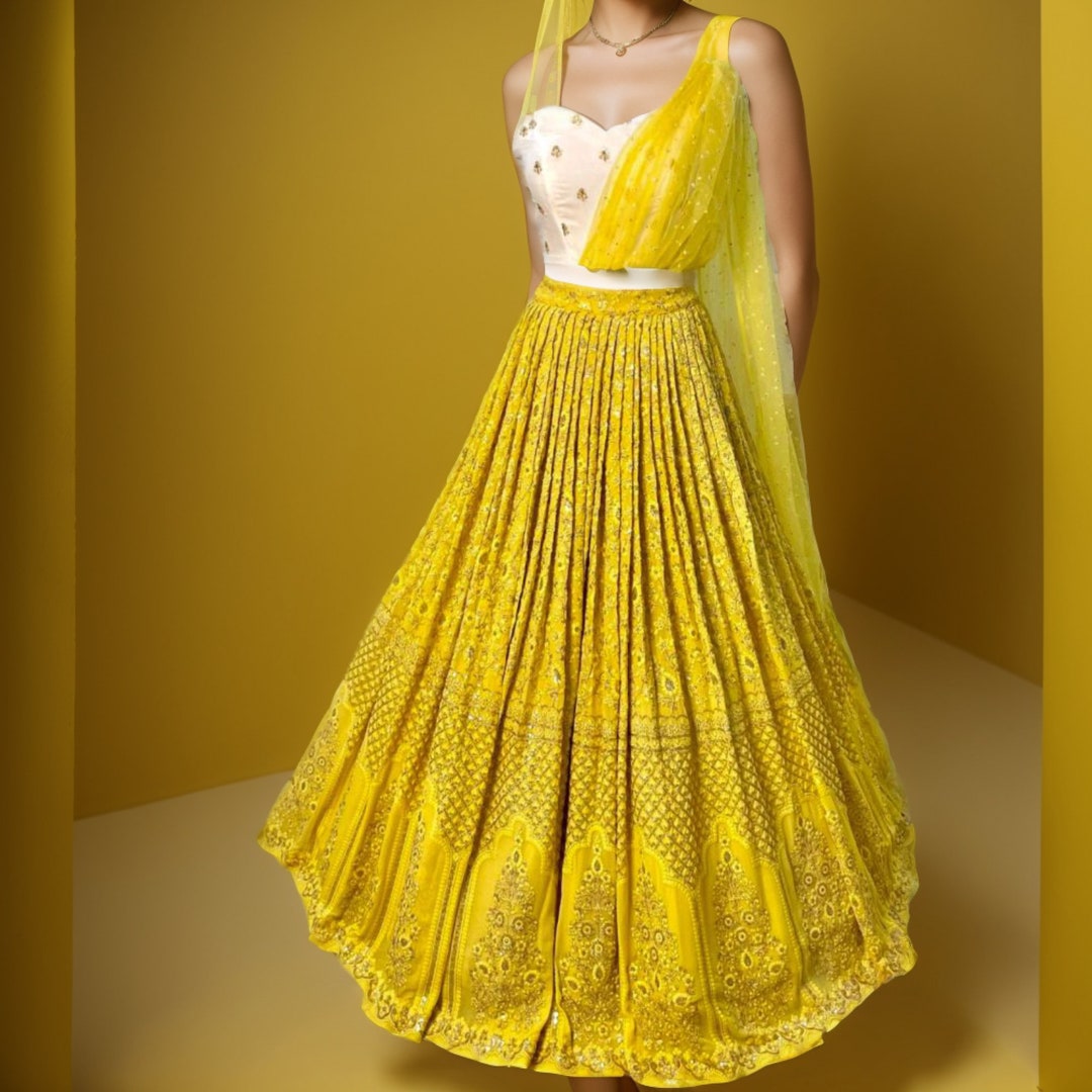 Lemon Yellow Colour Embroidered Attractive Party Wear Silk Lehenga ...