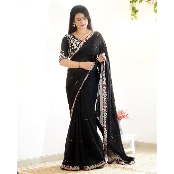 Havy Rangoli blooming saree | black Saree embroidery work | kalamkari design embroidered | Party wear saree | Woman saree