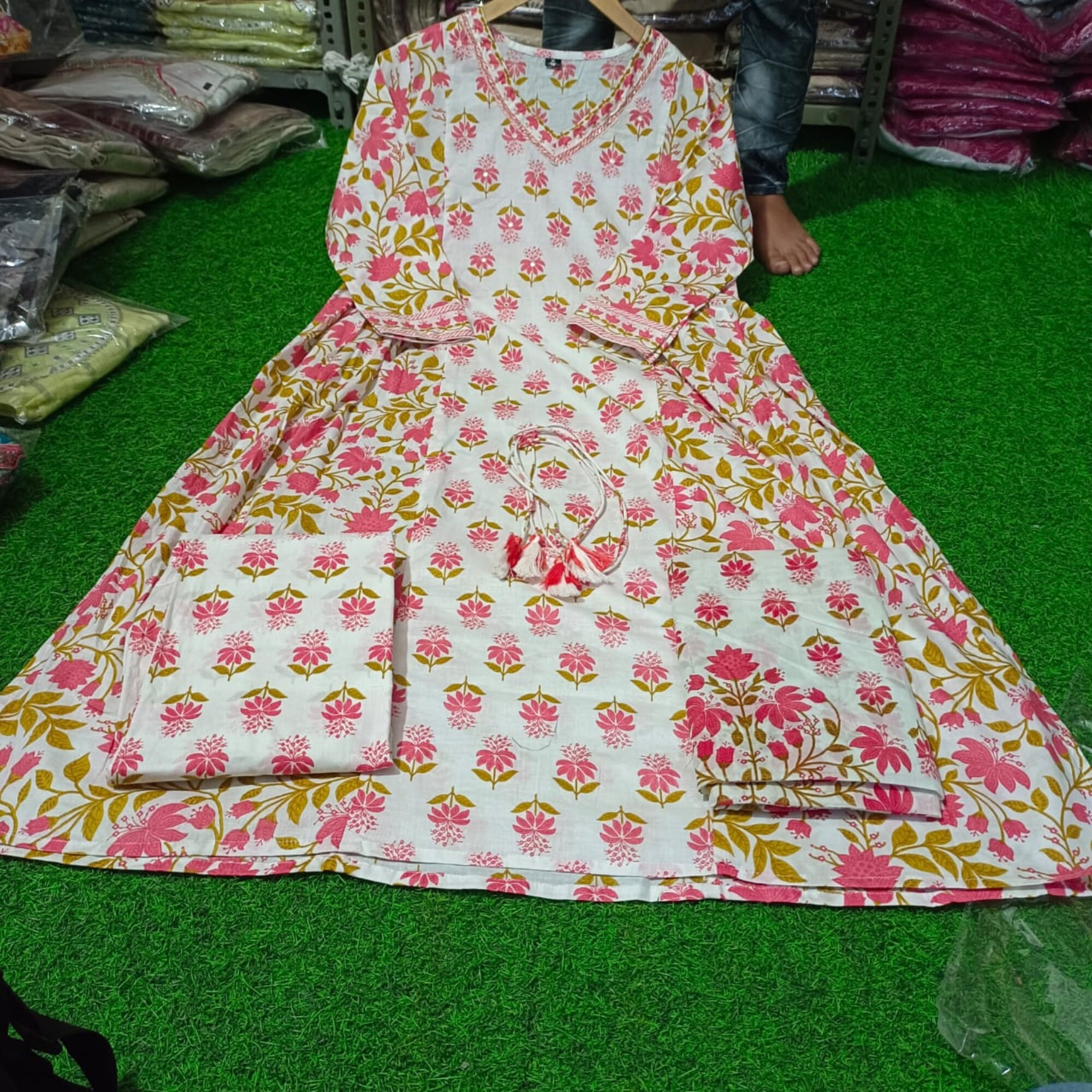 Orange V-neck Pleated Kurta With Afghani Pants