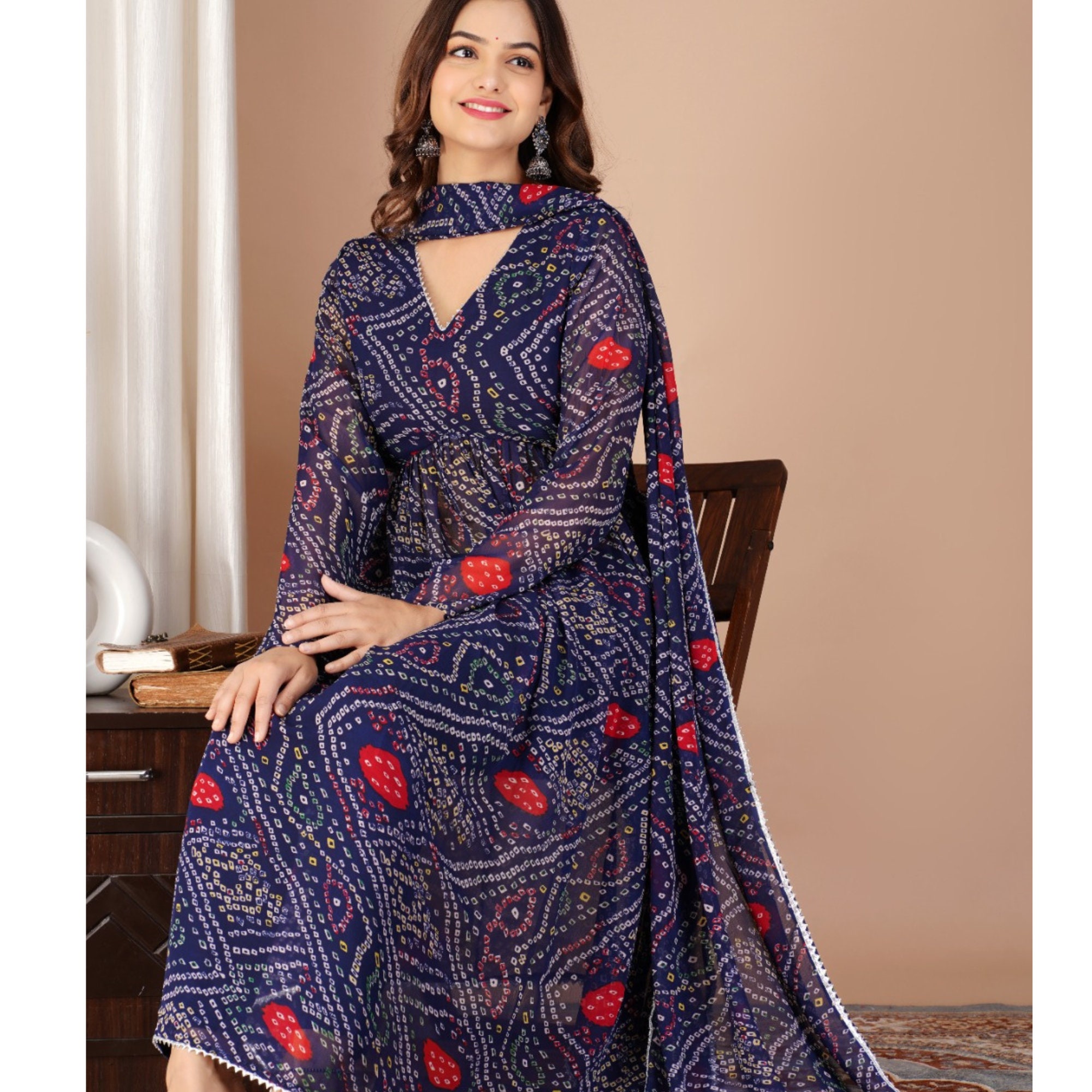Rust Bandhani Printed Kurta Set with Dupatta