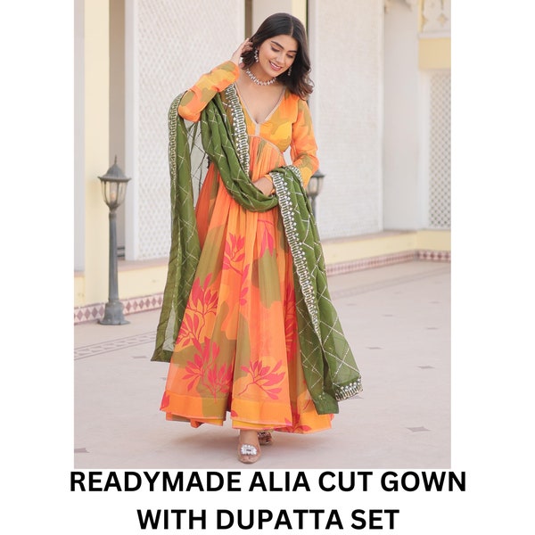 Savitri Russian Silk Printed Alia Cut Orange Anarkali Suit Set