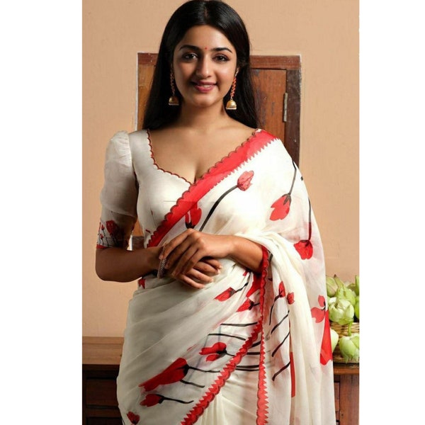 White and Red Pure Linen Saree with Cut Border | Floral Printed Plain Linen Saree |  Indian saree Designer saree blouse | Traditional saree