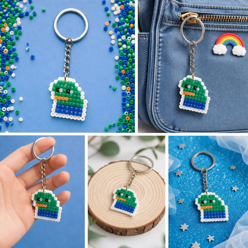 May include: A handmade keychain featuring a pixelated design of a green and blue character. The keychain is attached to a silver metal ring and chain. The character has a white border and is made of small, colorful beads.
